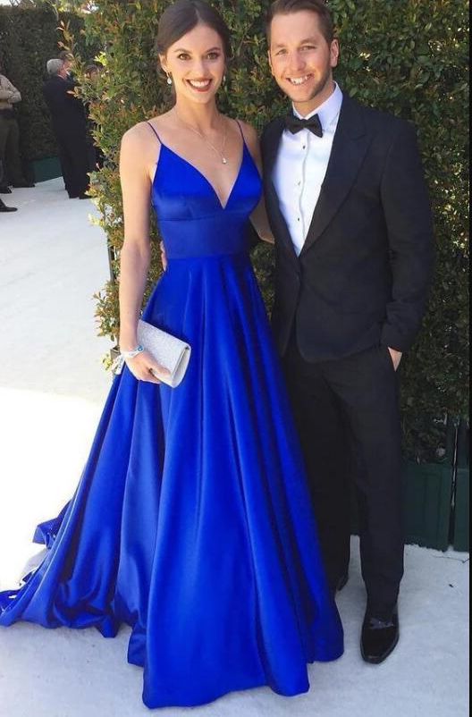 Elegant Blue Gown With Spaghetti Straps, Blue Spaghetti Strap Prom Evening Dress, Blue Spaghetti Strap Evening Dress For Prom, Blue Spaghetti Strap Dress For Wedding, Royal Blue Spaghetti Strap Prom Dress, Blue Satin V-neck Gown, Blue Spaghetti Straps Evening Dress For Gala, Blue Gala Dress With Spaghetti Straps, Blue Spaghetti Strap Dress For Gala