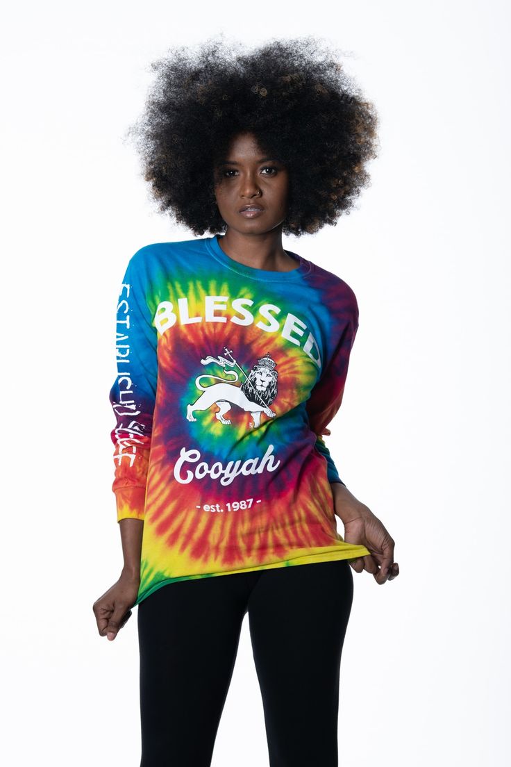 Be the epitome of street culture in our "Blessed" soft long sleeve tie-dye graphic tee.  - Jamaican Model: Migdania Banhan - South Florida Photographer: Roaming Photo Studio - Graphic tee by Cooyah clothing available worldwide at cooyah.com #tiedye #rasta #lion #cooyah #afrobeat Rasta Lion, Women's Graphic Tees, Long Sleeve Graphic Tee, Artist Branding, Graphic Dress, Red Tee, Street Culture, Hand Drawn Design, Knit Set