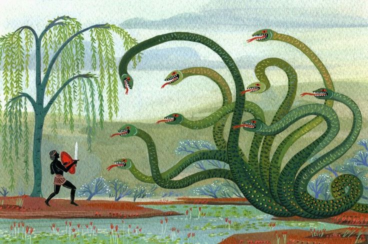 an illustration of a man walking through a swamp with birds on his head and in the background is a giant snake