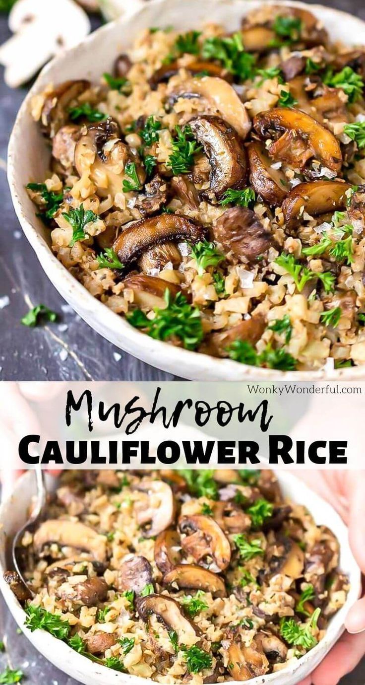 mushroom cauliflower rice in a white bowl