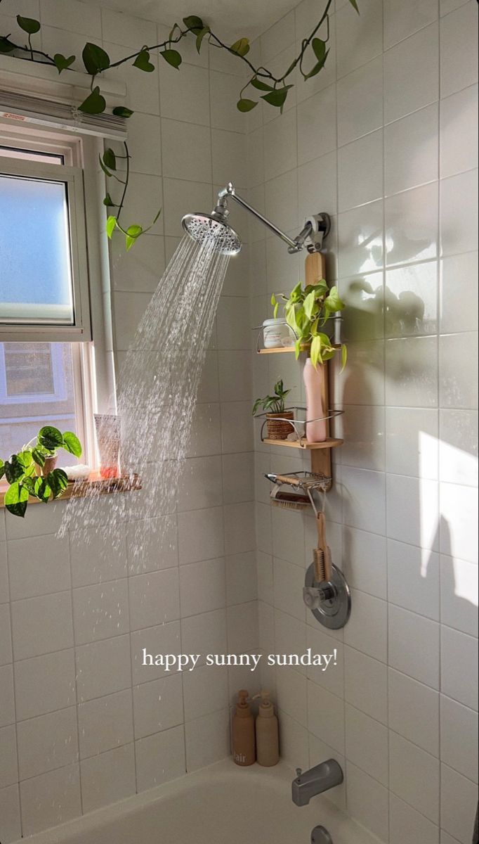 there is a shower head in the bathtub with plants growing on the wall above it