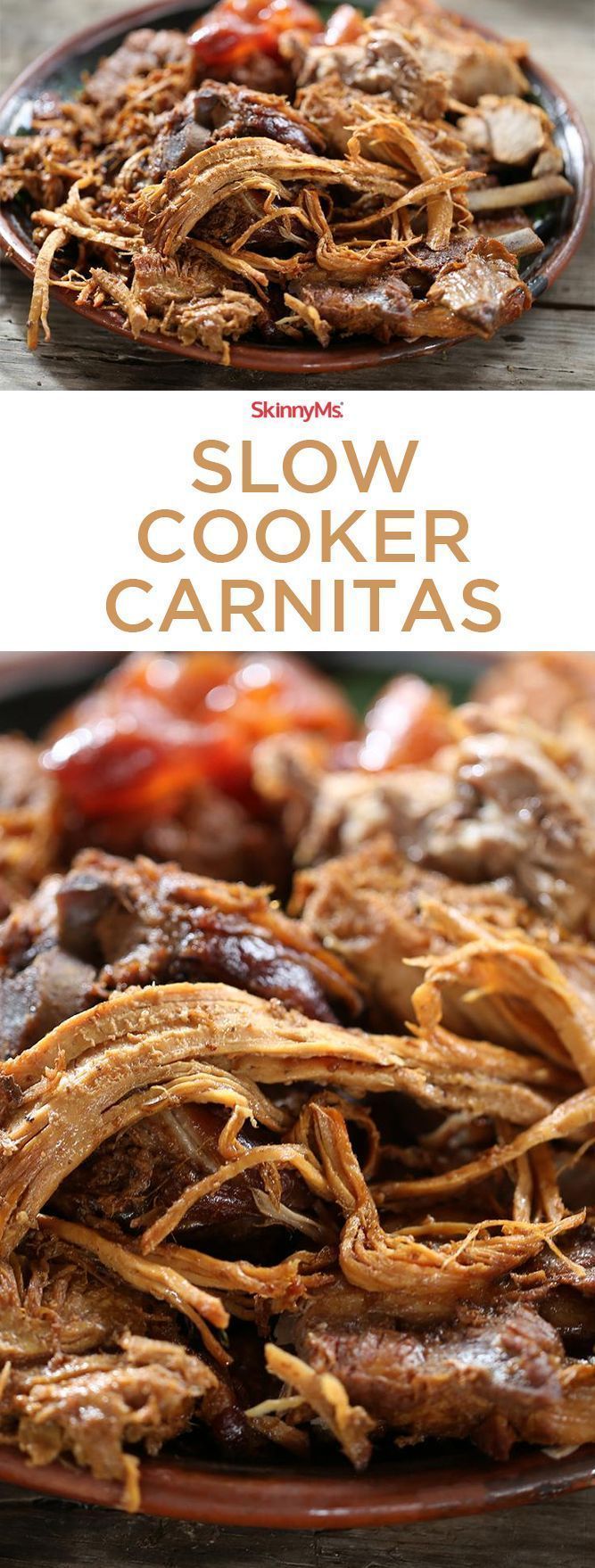 slow cooker carnitas on a plate with the title above it and an image of