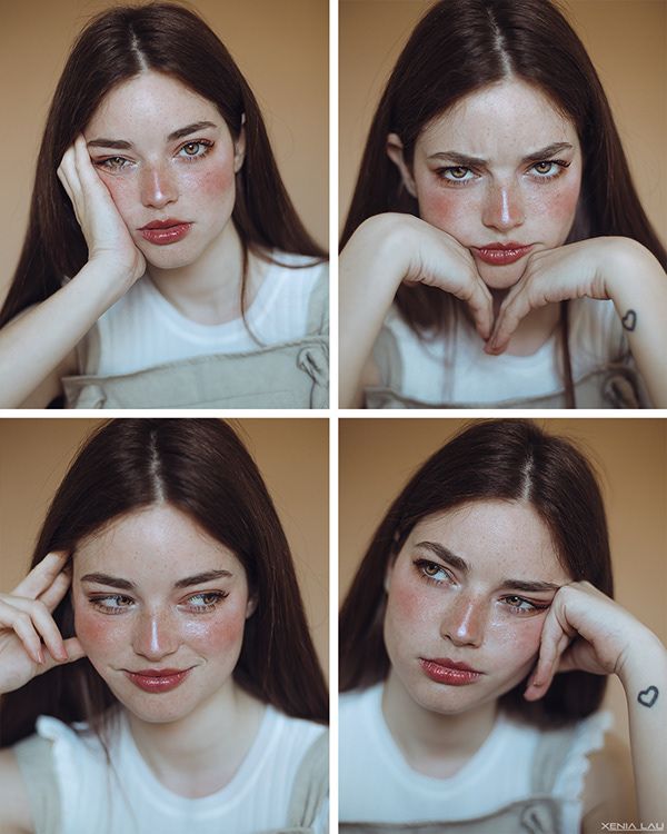 four different pictures of a woman with her hands on her face and fingers to her cheek