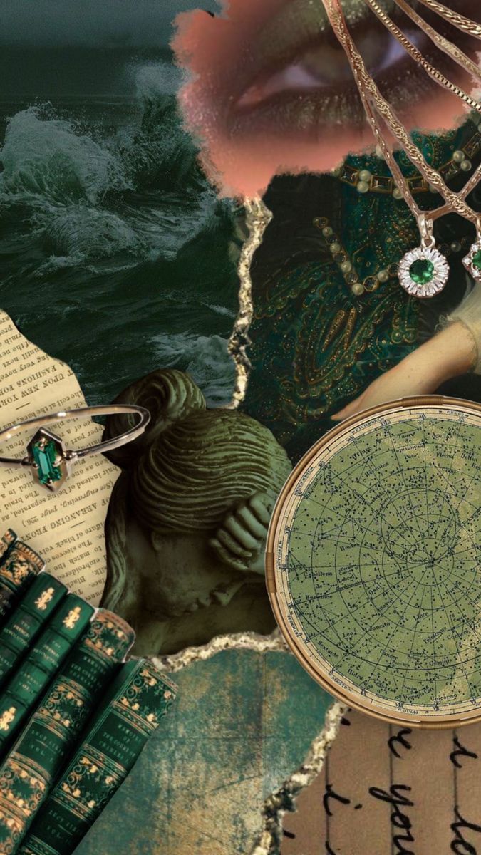 a collage of jewelry, books and an image of a woman's face