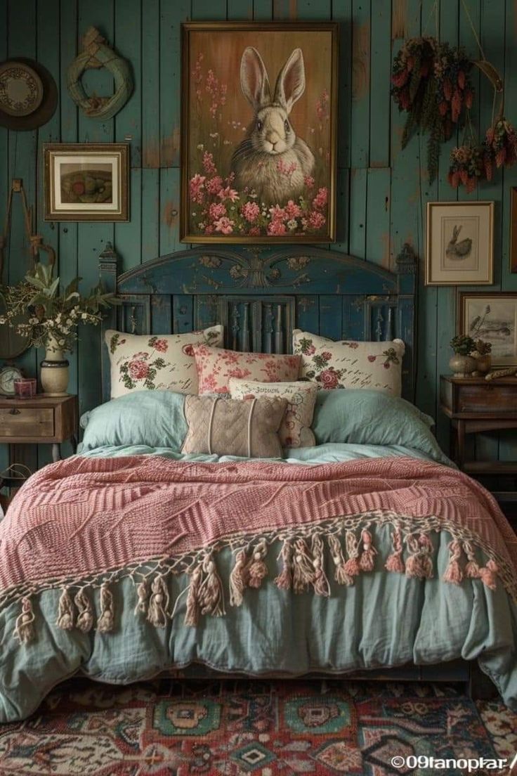 a bed in a room with blue walls and pictures on the wall above it,