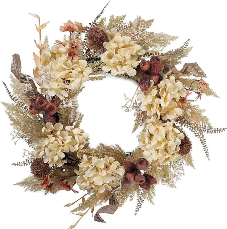 a wreath with dried flowers and leaves