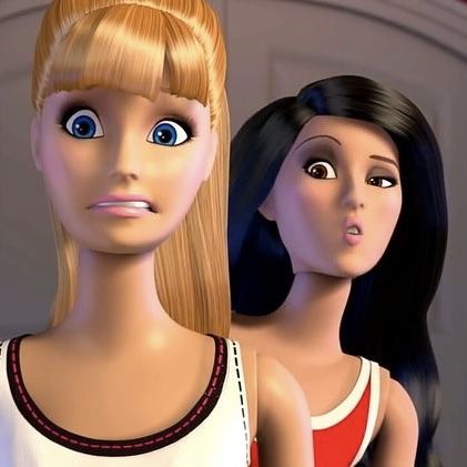 two barbie dolls are standing next to each other in front of a door and one is looking at the camera