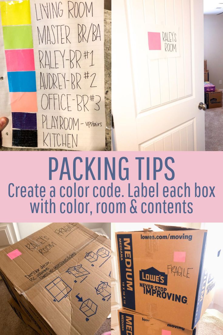 packing tips to create a color code, label each box with room and contents