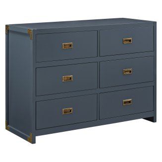 a gray dresser with gold handles and drawers