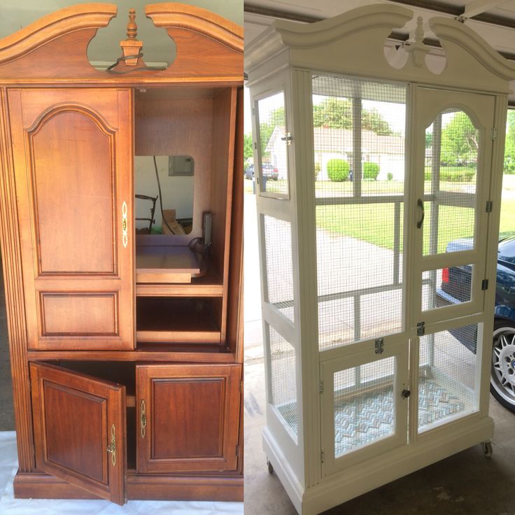 two pictures side by side one has a cabinet and the other has a car