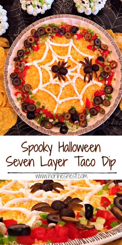 spooky halloween seven layer taco dip is an easy appetizer recipe