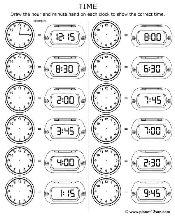 printable worksheet for telling time to the hour and minute hand on each clock