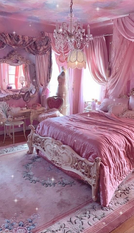 a fancy bedroom with pink walls and carpeted flooring, chandelier hanging from the ceiling