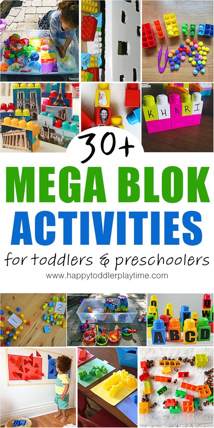 the words mega block activities for toddlers and preschoolers are shown in this collage