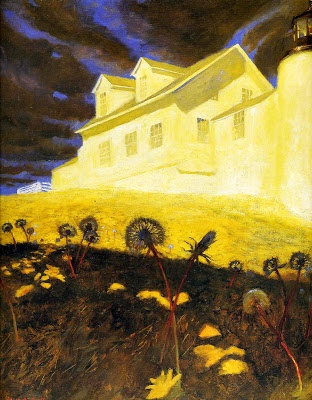 a painting of a white house on top of a hill with flowers in the foreground