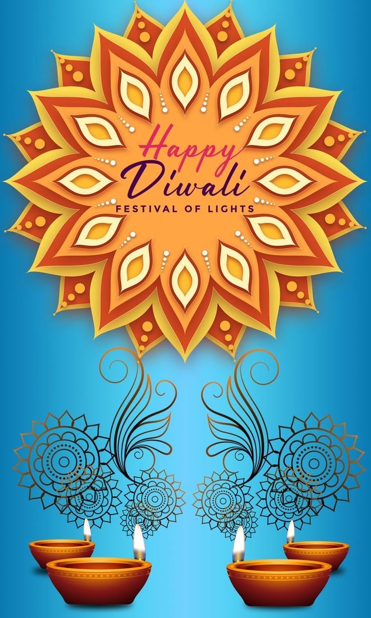 happy diwali festival of lights with candles and decorative design on the blue background