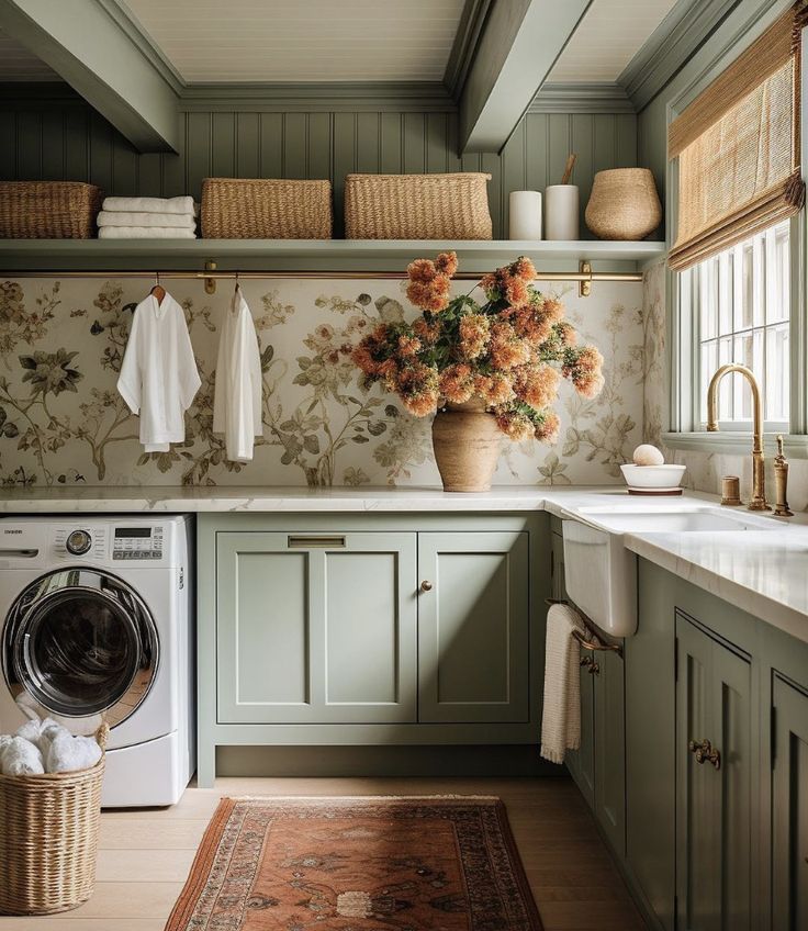 a washer and dryer in a room with flowers on the shelf above it