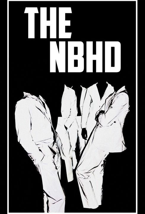 an advertisement for the nbhd shows two men in white suits