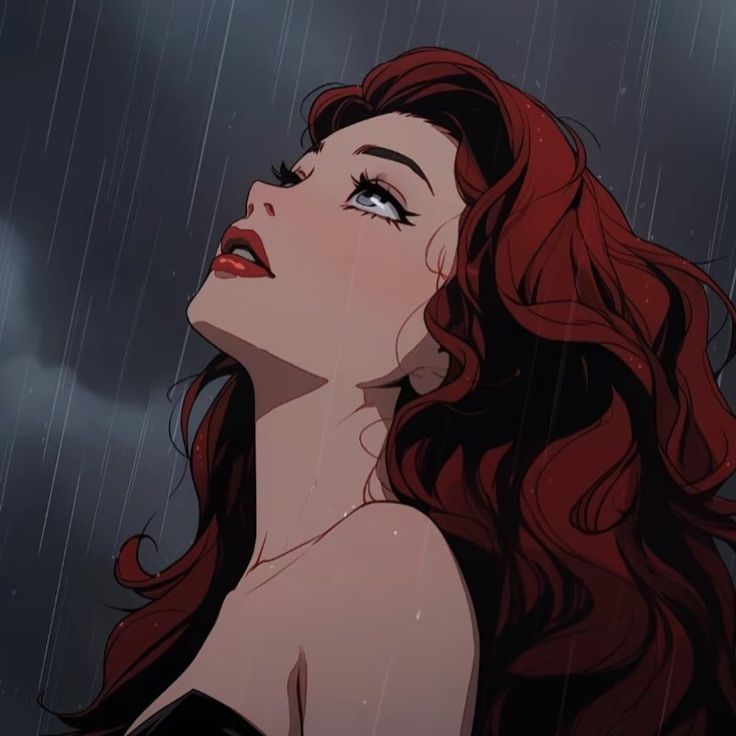 a woman with long red hair standing in the rain looking up at an approaching storm