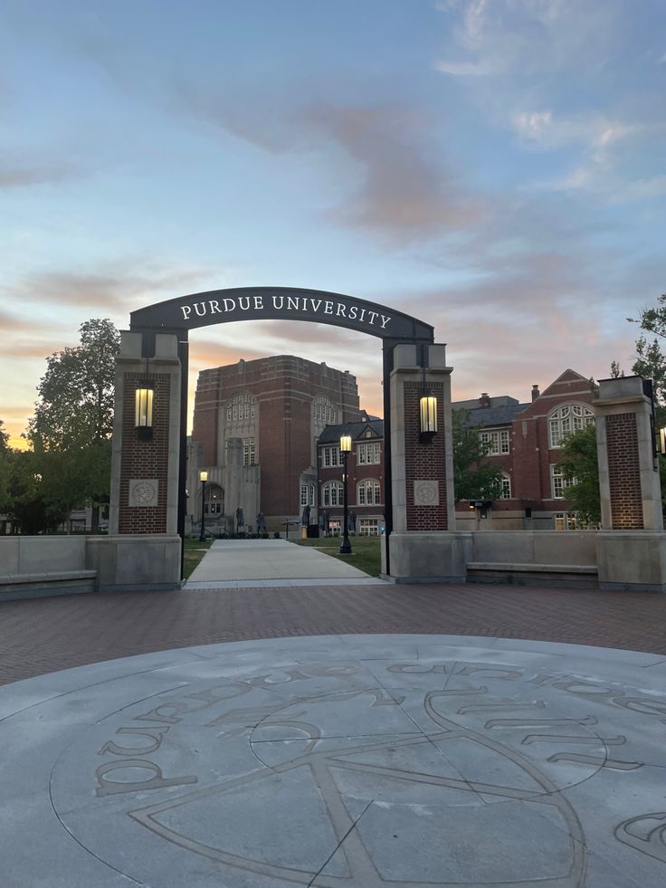 the entrance to purdue university in front of some buildings