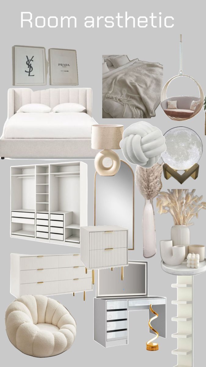 a room with white furniture and accessories in it