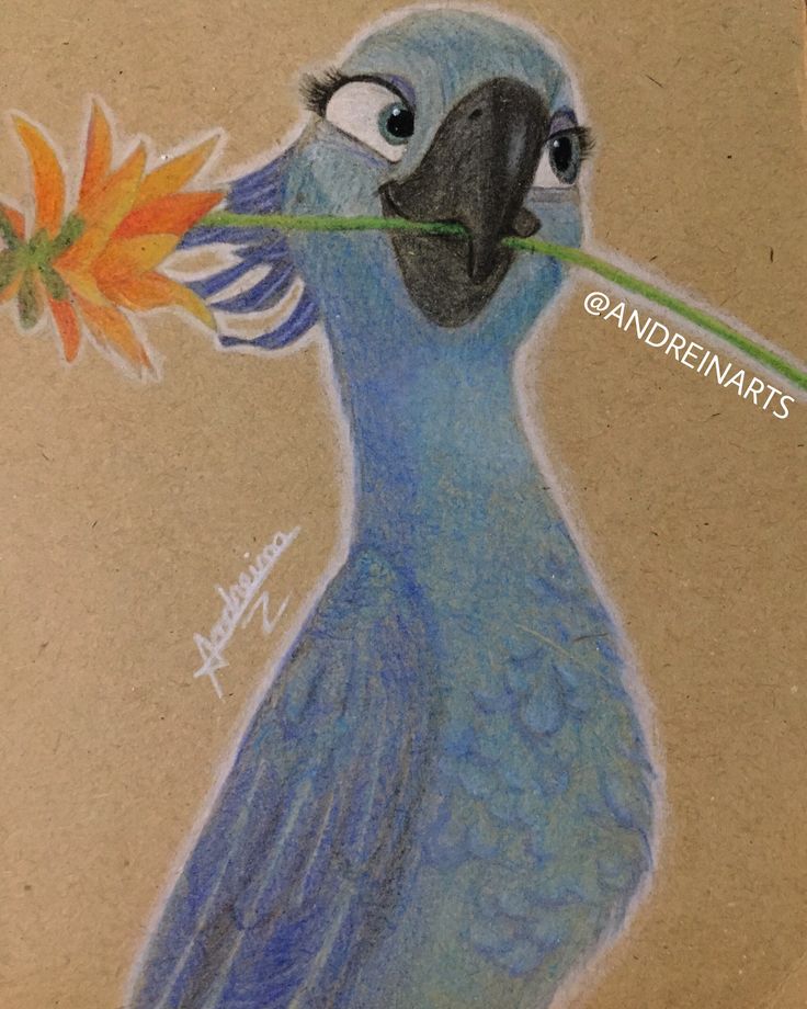 a drawing of a blue bird with a flower in its beak