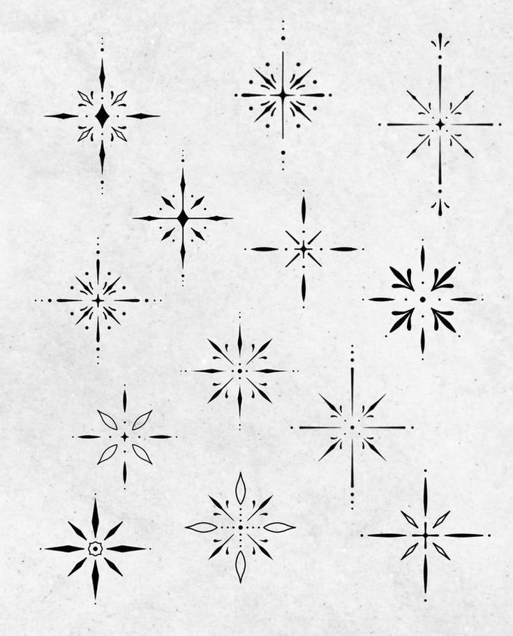 six different snowflakes are shown in black and white