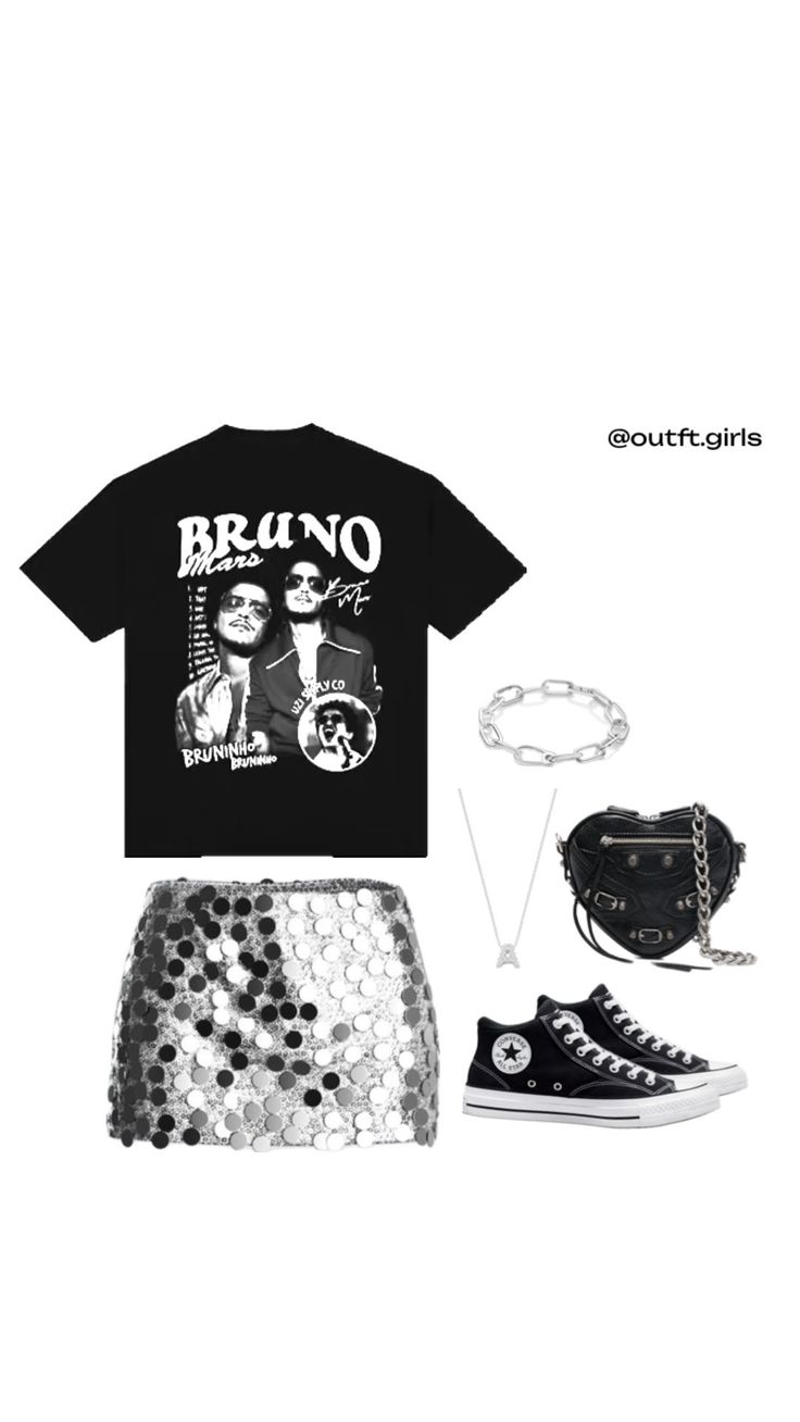 a black shirt, silver sequin skirt and converse sneakers are featured in this image