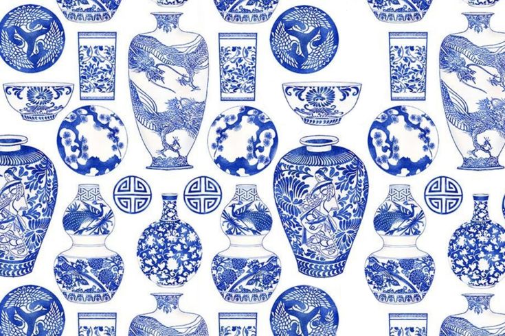 many blue and white vases with designs on them are arranged in a pattern against a white background