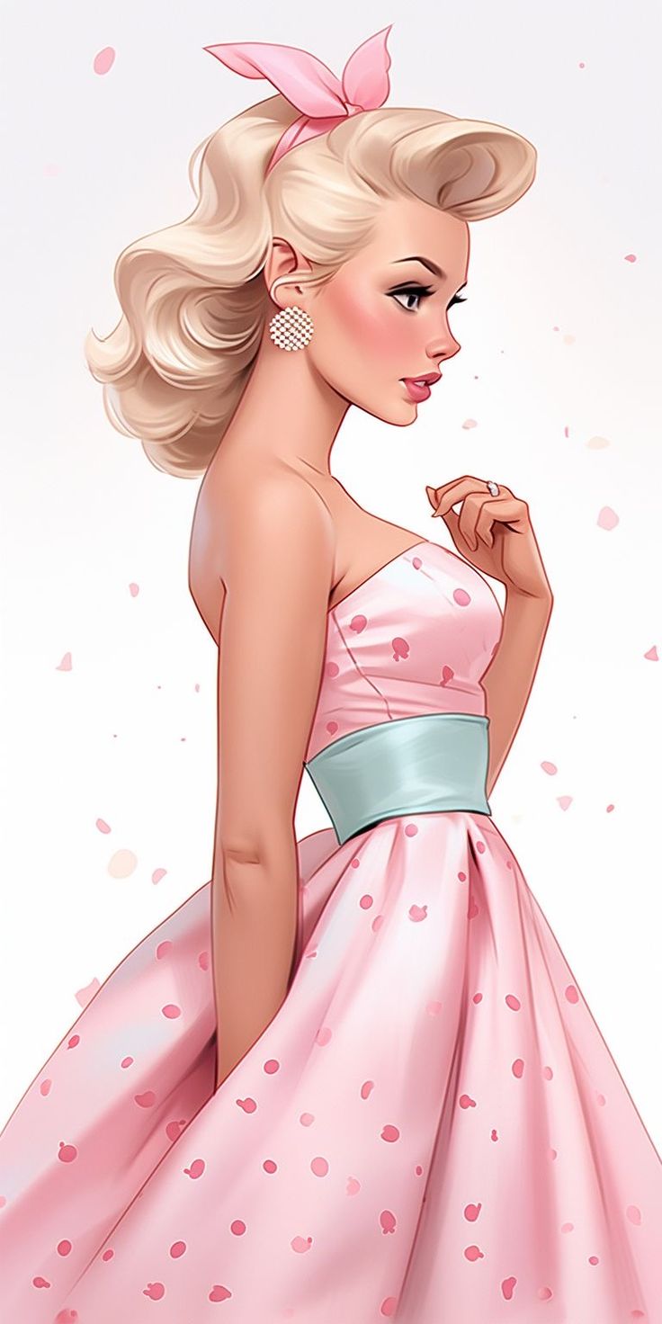 a drawing of a woman in a pink dress with polka dots on the skirt and hair