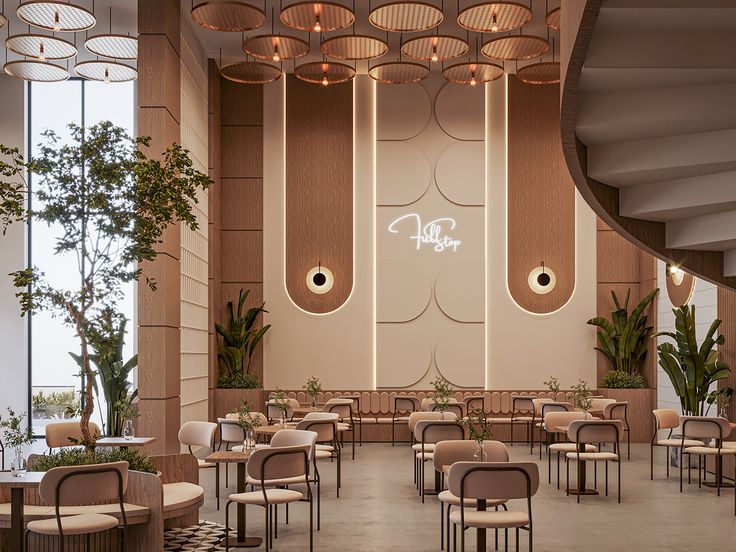 an empty restaurant with round tables and chairs