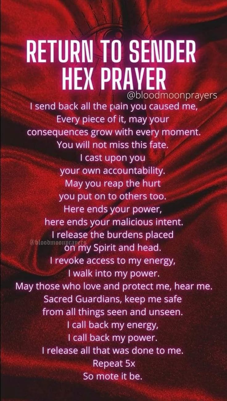 a poem that reads return to sender hex prayer on the back of a red sheet