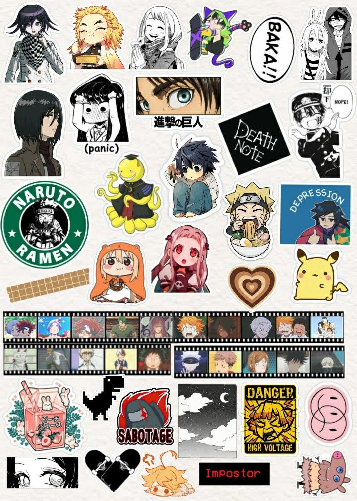 various anime stickers are arranged on a white background