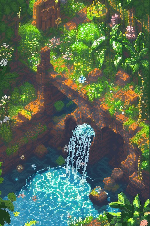 a pixelated image of a waterfall in the middle of a forest