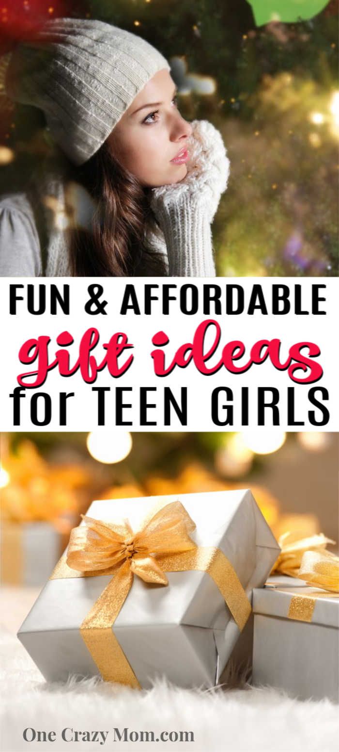 a girl in winter clothes holding a present box with the words fun and affordable give ideas for teen girls