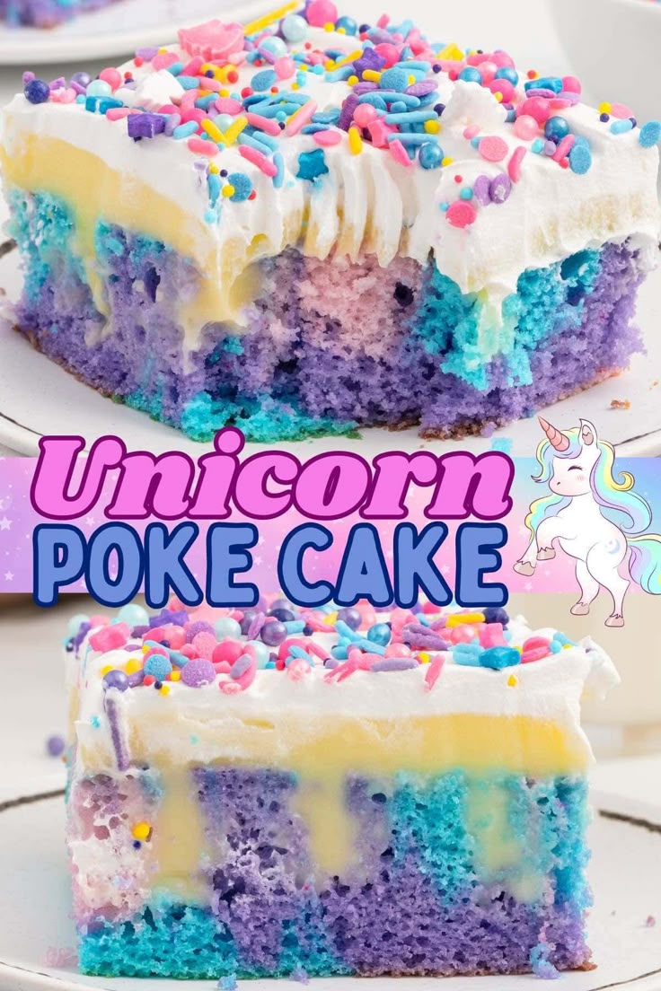 a piece of unicorn poke cake on a plate