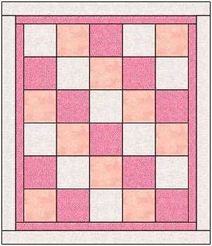 a pink and white quilt with squares on the front, in different shades of pink