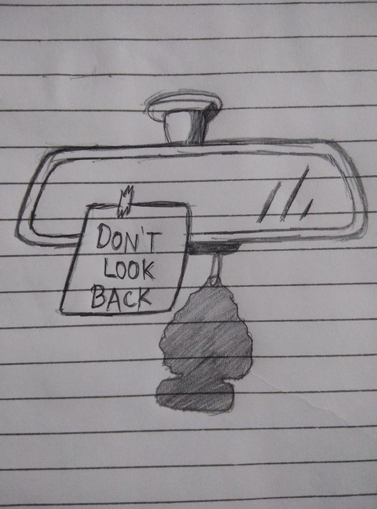 a drawing of a car mirror with a don't look back sign on it