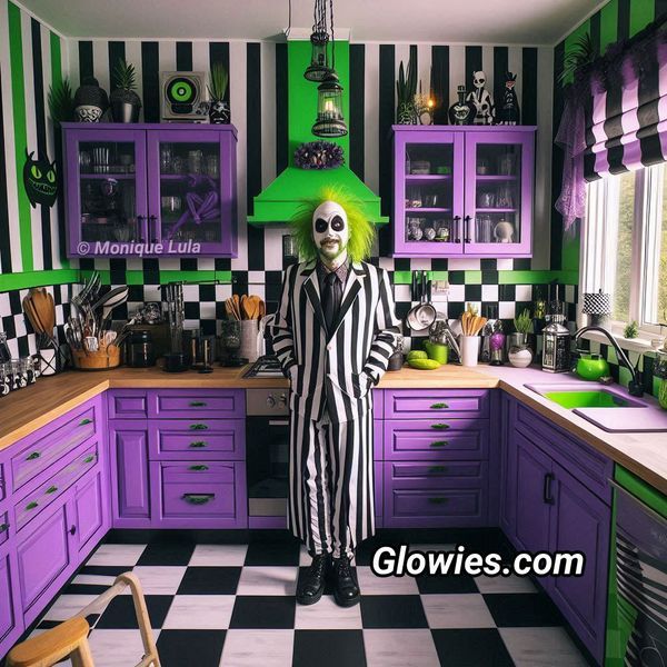 a man dressed as the joker in a kitchen with green and black striped wallpaper