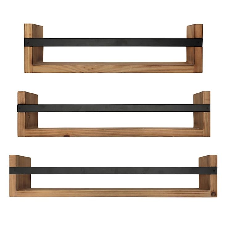 three wooden shelves with black metal handles