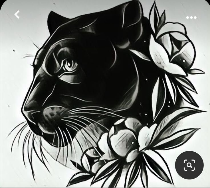 a black and white drawing of a cat with flowers