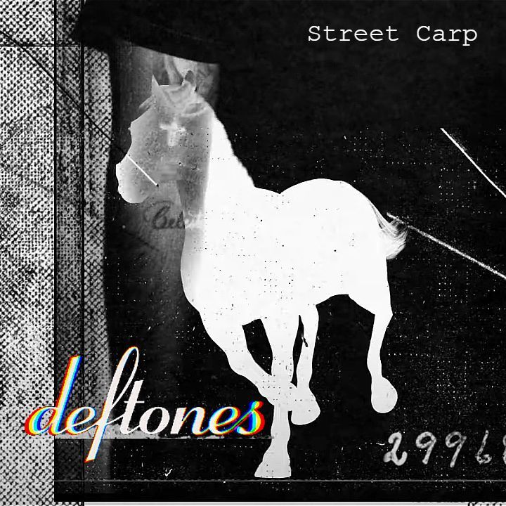 a black and white photo of a horse with the words deftones written on it