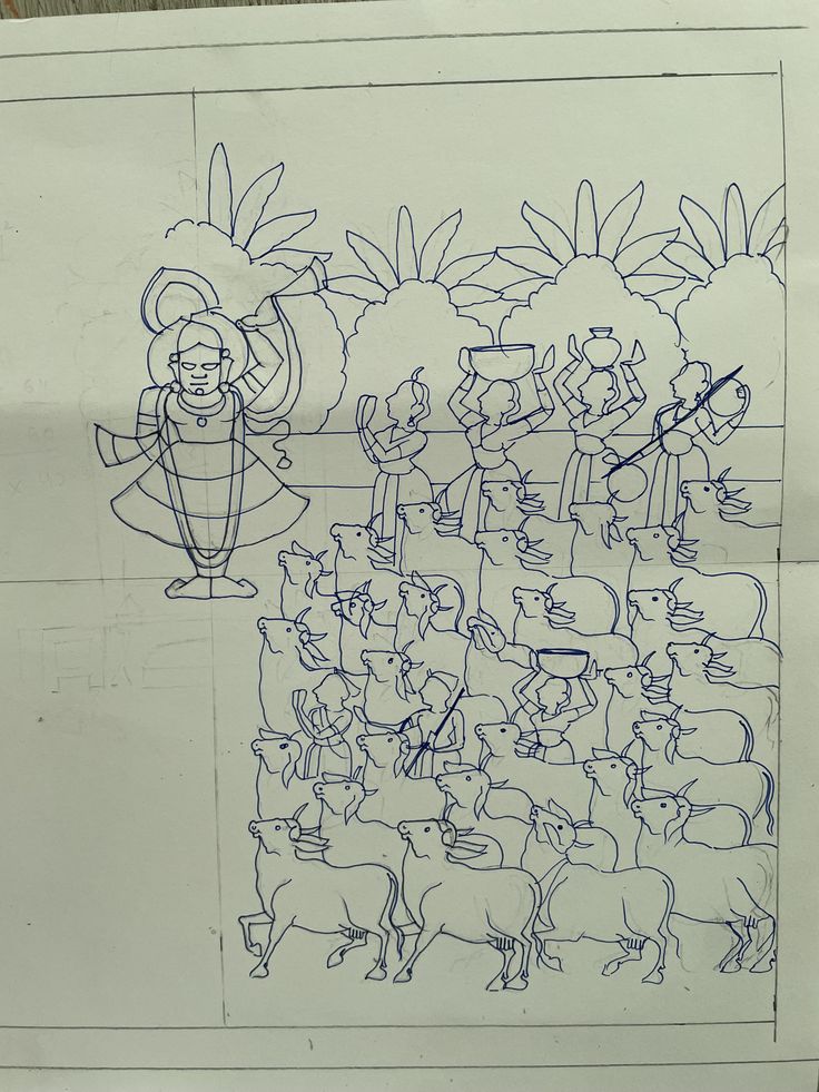 a drawing of people and animals on a sheet of paper