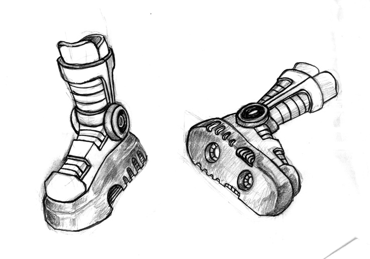 two drawings of shoes with wheels on the soles and one has a roller blade attached to it