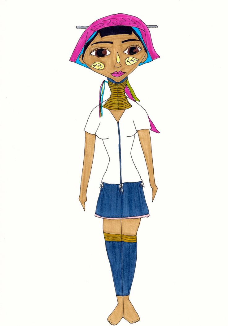 a drawing of a woman with a pink hat on her head and blue skirt, standing in front of a white background