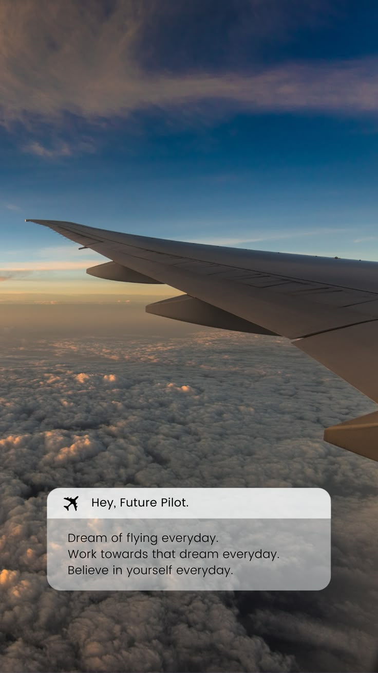 an airplane wing flying over the clouds with text below it that reads hey, future pilot