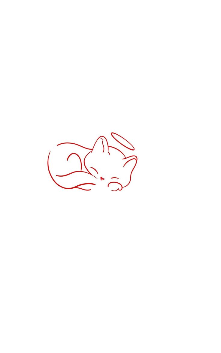 a red line drawing of a cat laying on its side with it's eyes closed