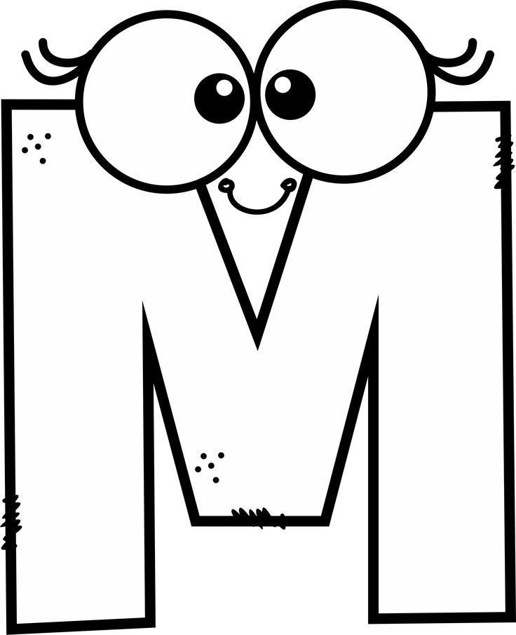 the letter m with eyes and nose drawn in black and white coloring book pages for kids