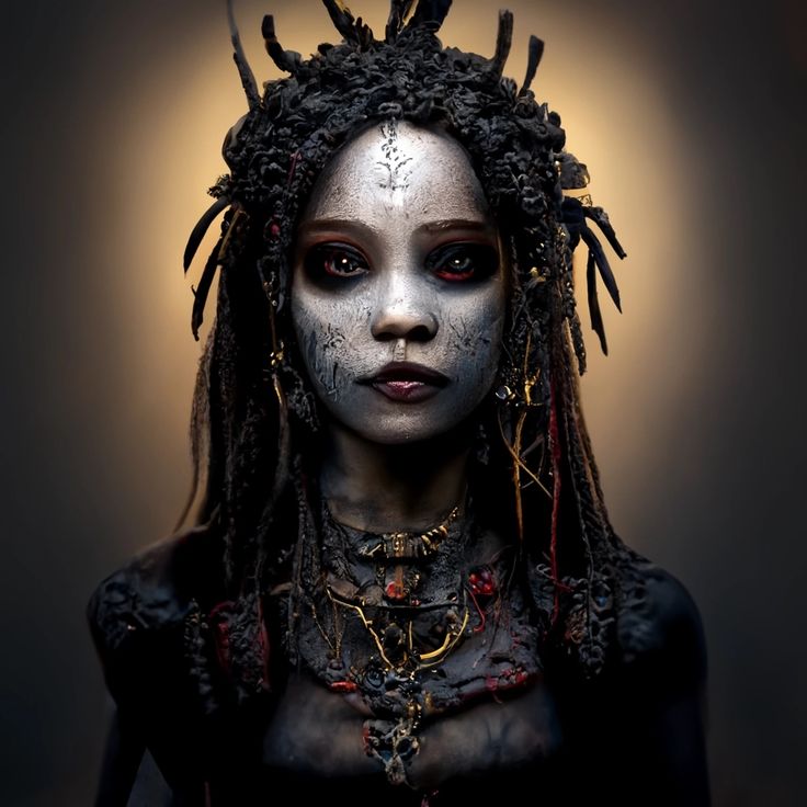 a woman with black makeup and dreadlocks on her head is dressed as a demon