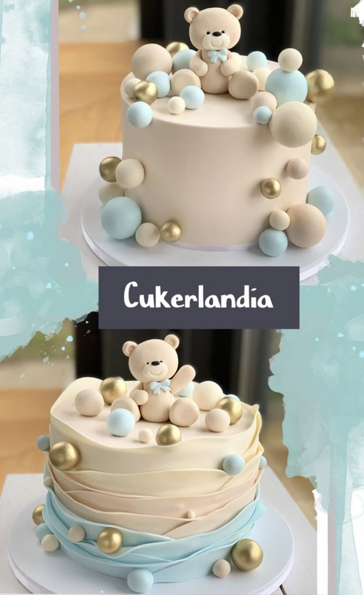 two tiered cake with teddy bears on top and the words cukerlandia above it